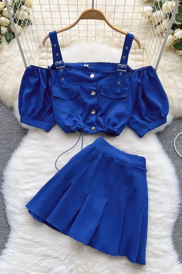 Set Off Shoulder Straps Short Tops   Pleated Mini Skirts Two Piece Suits