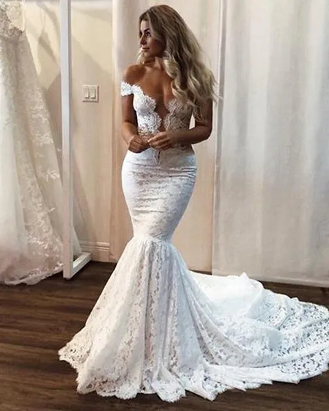 Sexy Mermaid Lace Wedding Dress Deep V-Neck Cap Sleeve Sheer Back Beach Bridal Gown Long Train