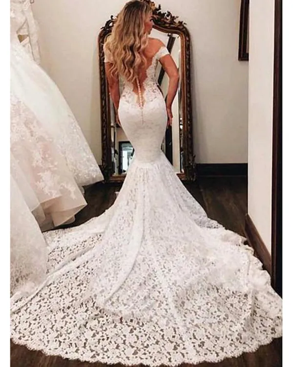 Sexy Mermaid Lace Wedding Dress Deep V-Neck Cap Sleeve Sheer Back Beach Bridal Gown Long Train
