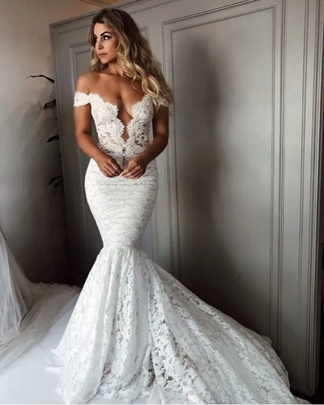 Sexy Mermaid Lace Wedding Dress Deep V-Neck Cap Sleeve Sheer Back Beach Bridal Gown Long Train