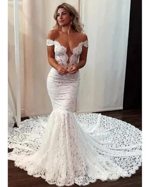Sexy Mermaid Lace Wedding Dress Deep V-Neck Cap Sleeve Sheer Back Beach Bridal Gown Long Train