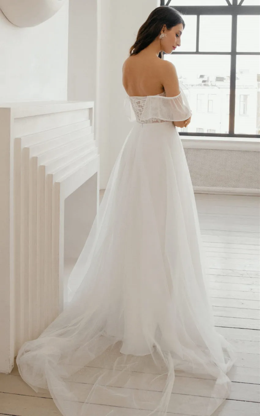 Sexy Off the Shoulder A Line Tulle Sweetheart Sweep Train Wedding Dress with Split Front-716070