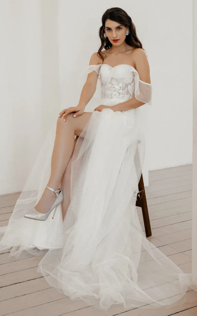 Sexy Off the Shoulder A Line Tulle Sweetheart Sweep Train Wedding Dress with Split Front-716070