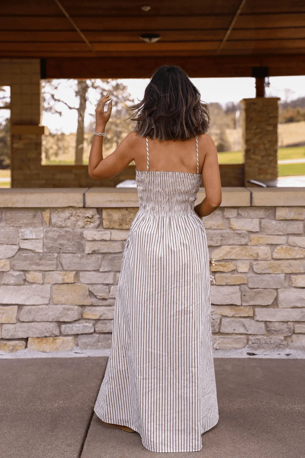 Shannon Taupe and White Striped Ruched Maxi Dress
