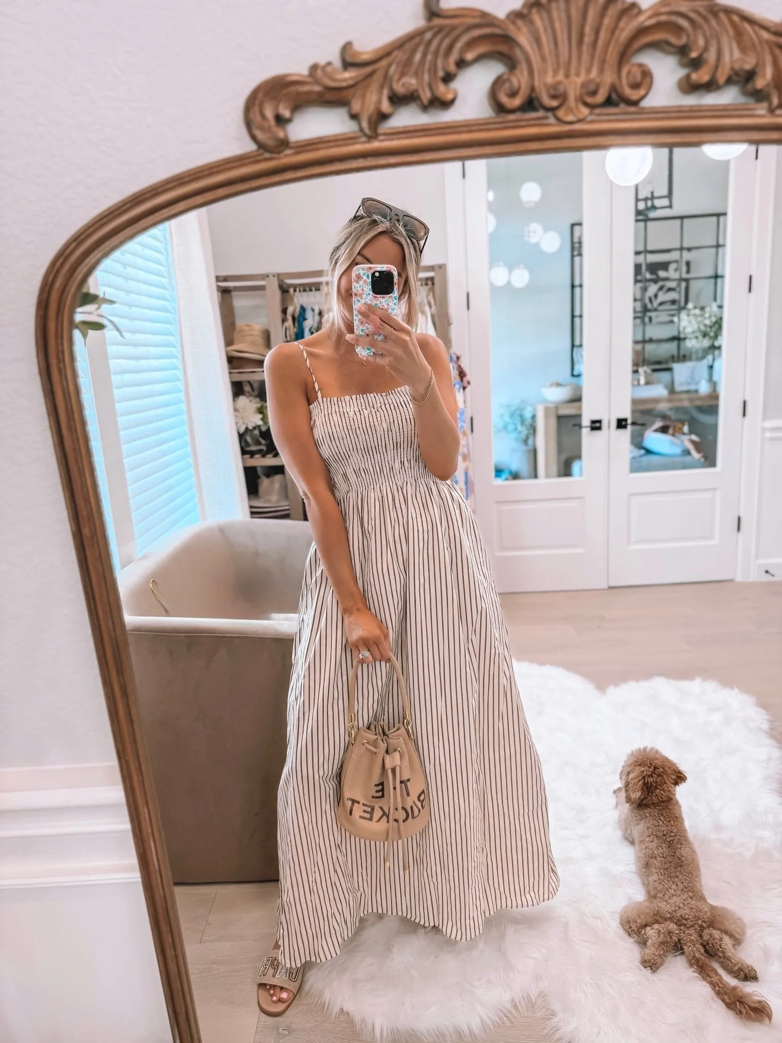 Shannon Taupe and White Striped Ruched Maxi Dress