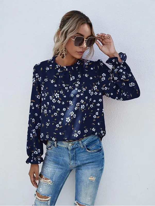 SHEIN - Flounce Sleeve Frill Neck Floral Print Blouse