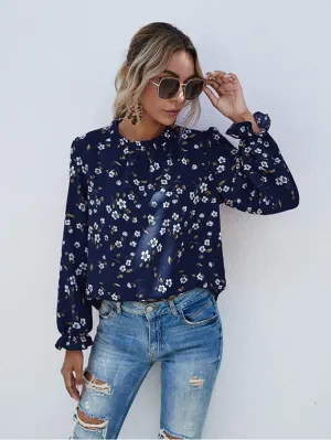 SHEIN - Flounce Sleeve Frill Neck Floral Print Blouse