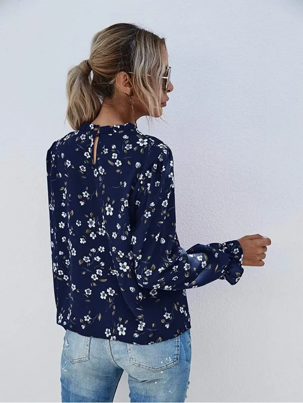 SHEIN - Flounce Sleeve Frill Neck Floral Print Blouse