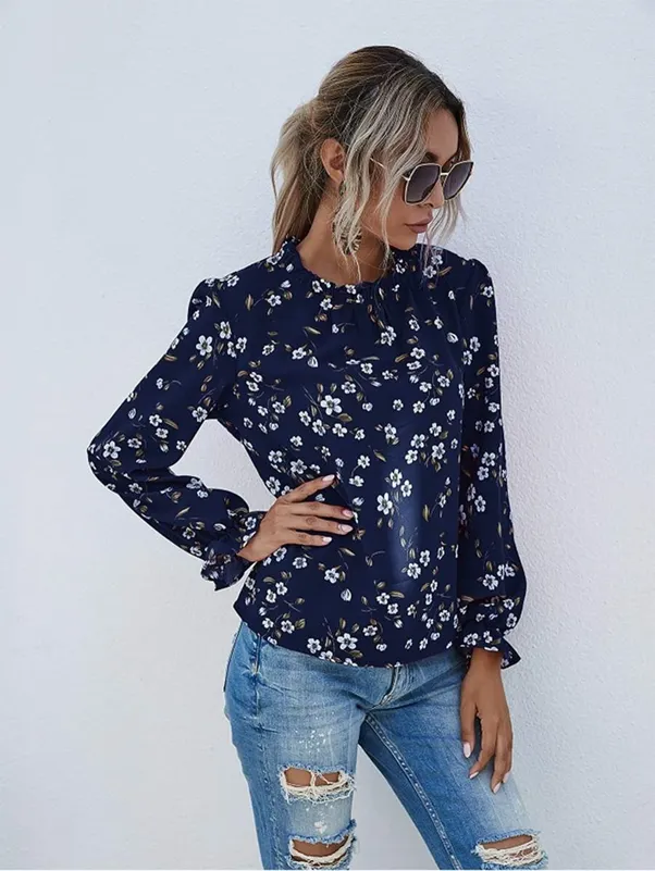 SHEIN - Flounce Sleeve Frill Neck Floral Print Blouse