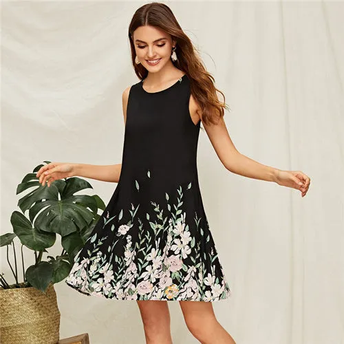 SHEIN Flower And Leaf Print Trapeze Summer Dress
