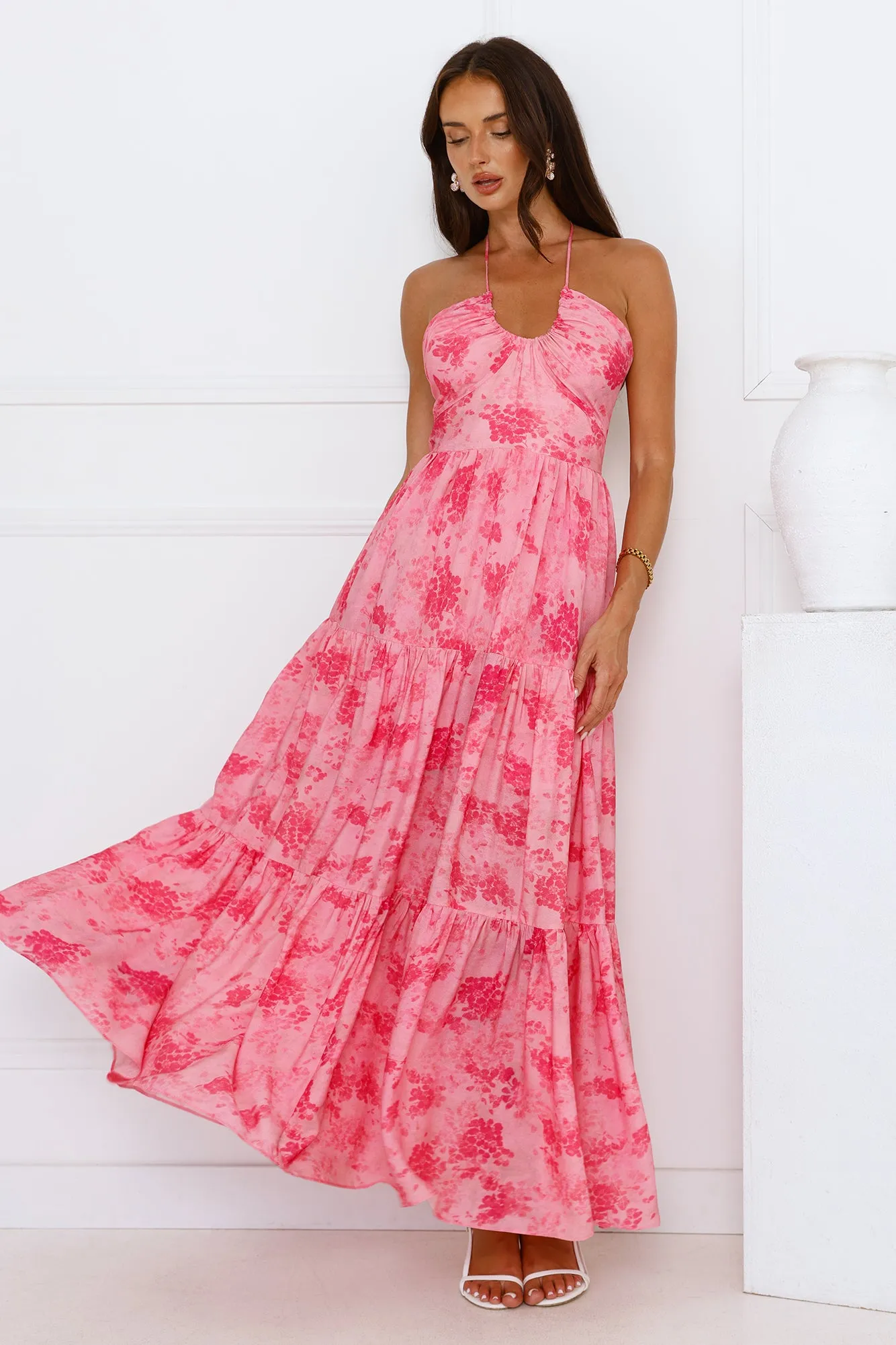 Silken Sunshine Halter Maxi Dress Pink