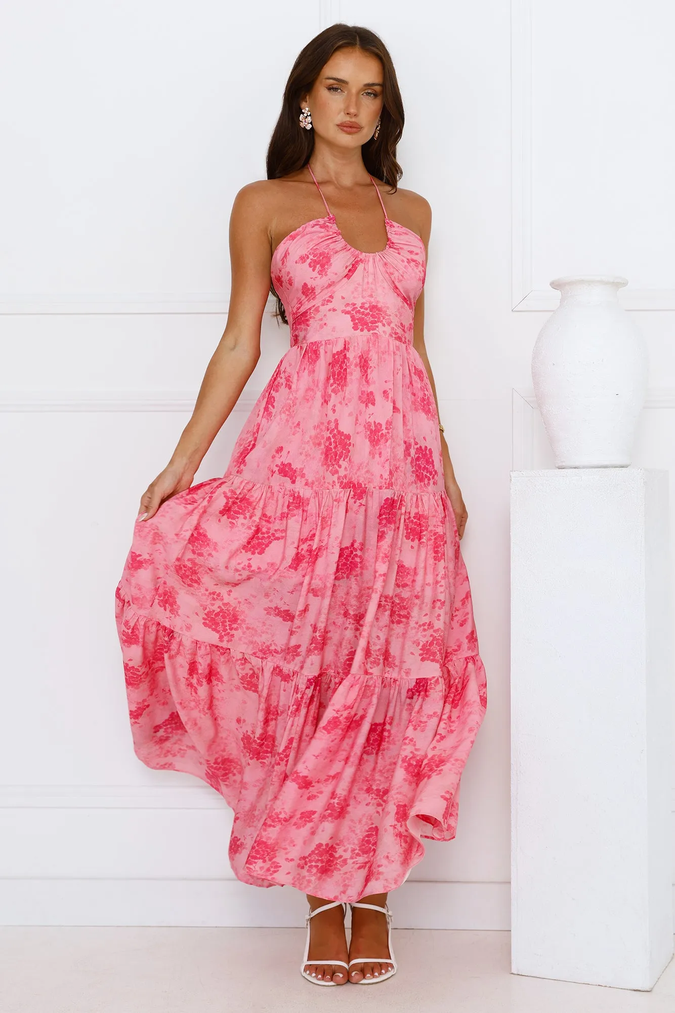 Silken Sunshine Halter Maxi Dress Pink
