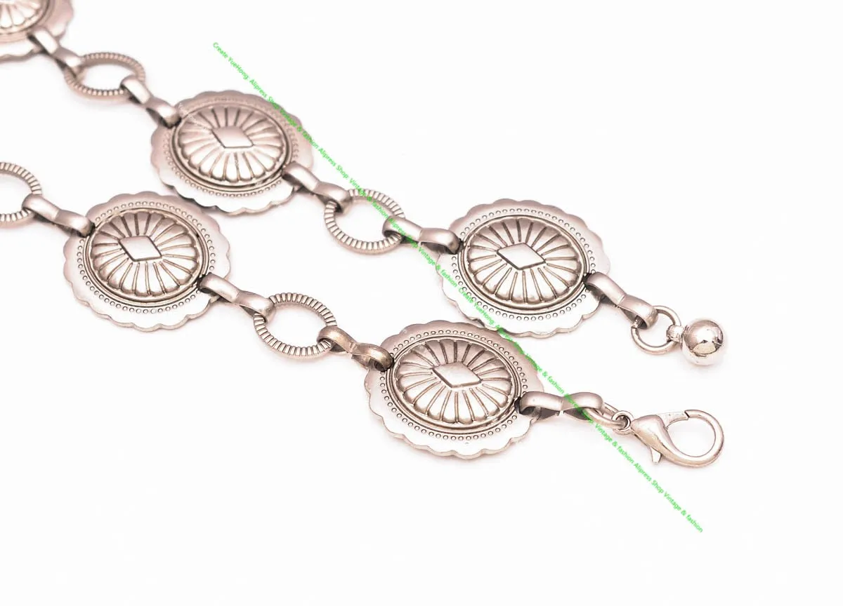 Silver Conchos Belt Oval Southwestern Concho Belly Chain Western Cowgirl Boho 110cm Adjustable With Lobster Claw