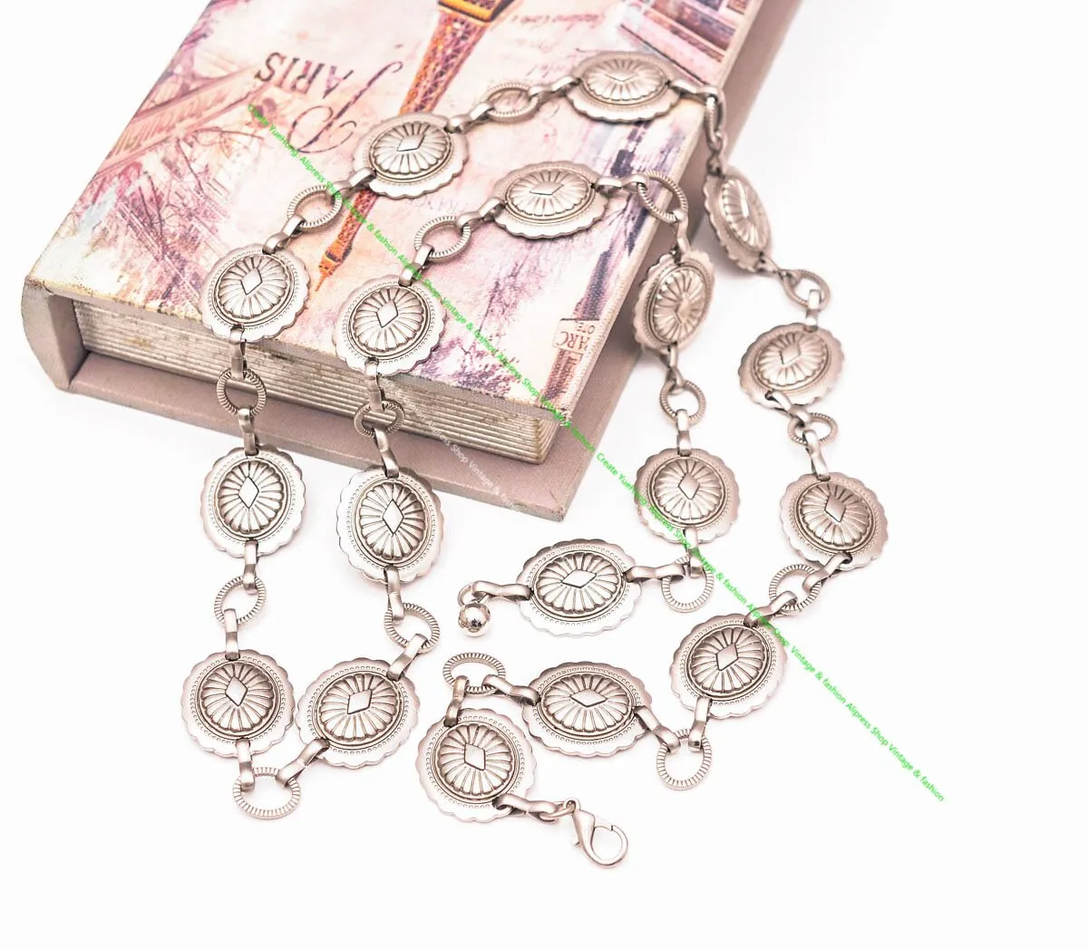 Silver Conchos Belt Oval Southwestern Concho Belly Chain Western Cowgirl Boho 110cm Adjustable With Lobster Claw