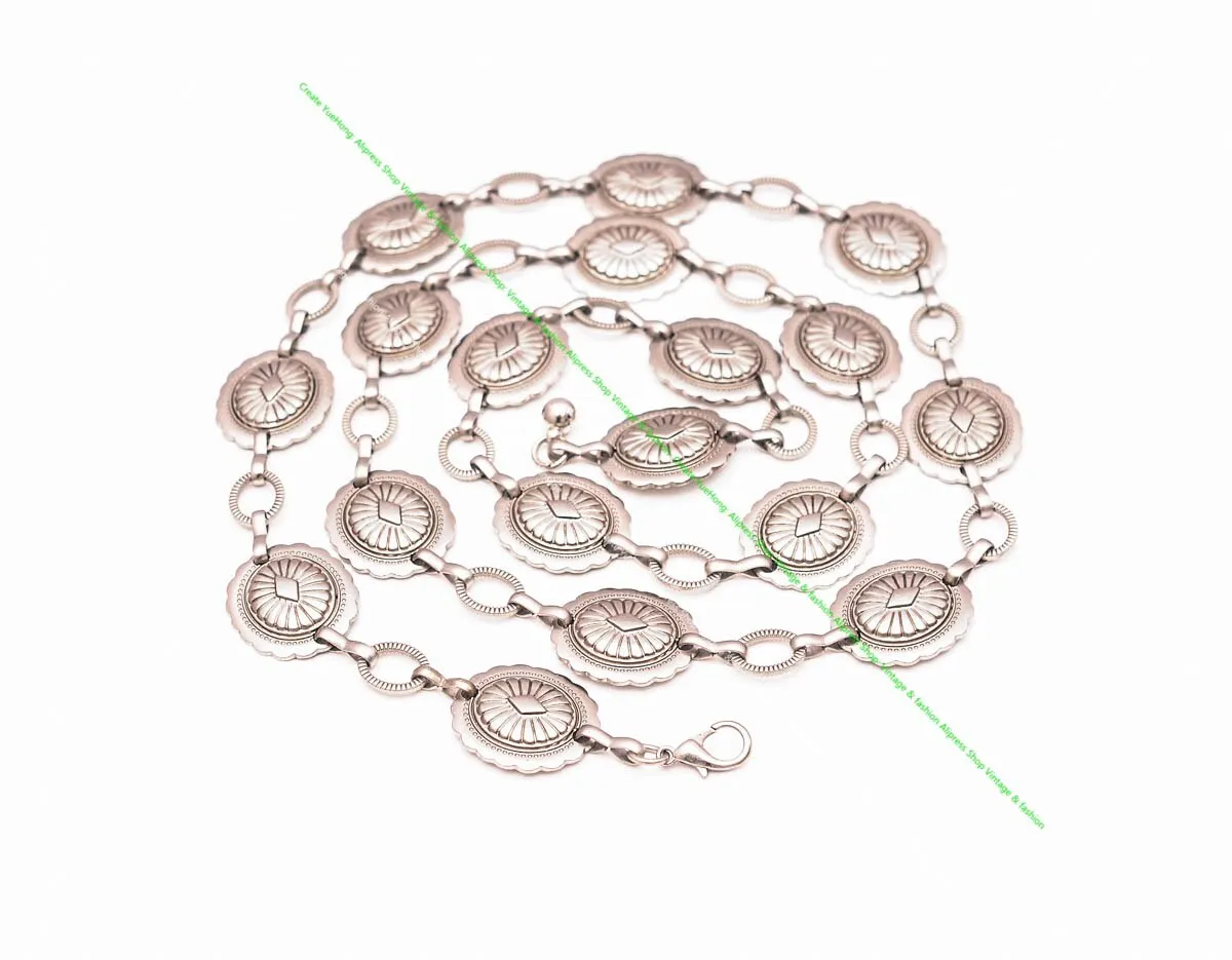Silver Conchos Belt Oval Southwestern Concho Belly Chain Western Cowgirl Boho 110cm Adjustable With Lobster Claw