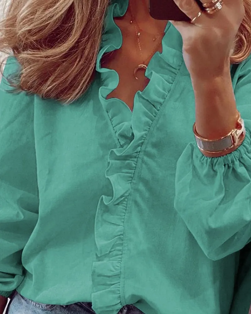 Solid Color Ruffled Blouses Tops & Shirts for Women