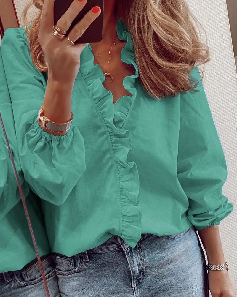 Solid Color Ruffled Blouses Tops & Shirts for Women
