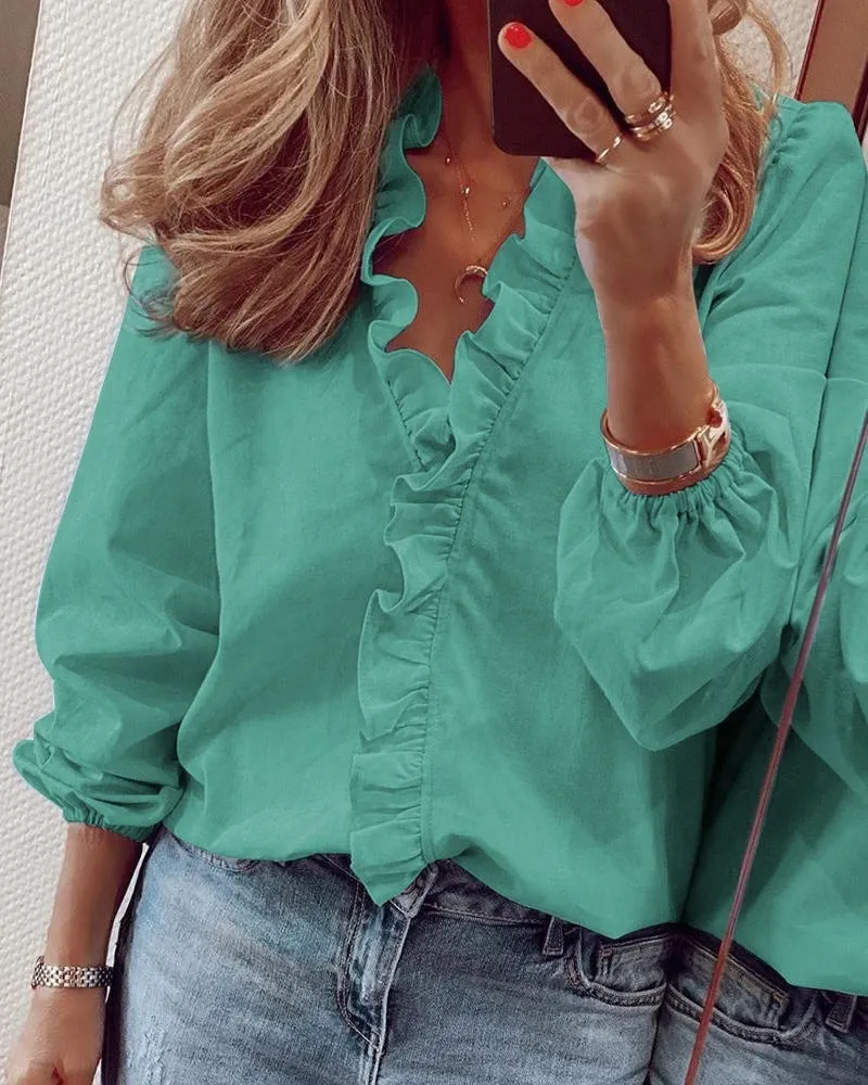 Solid Color Ruffled Blouses Tops & Shirts for Women