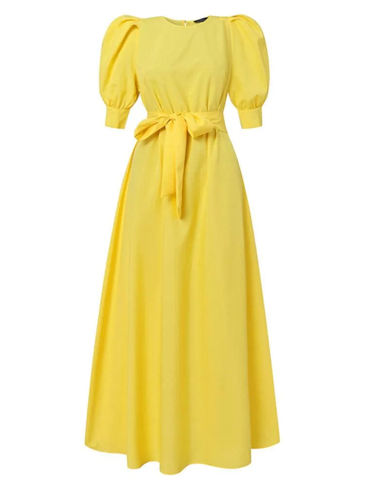 Solid Puff Sleeve Button Cuffs Ankle Length Retro Midi Dresses