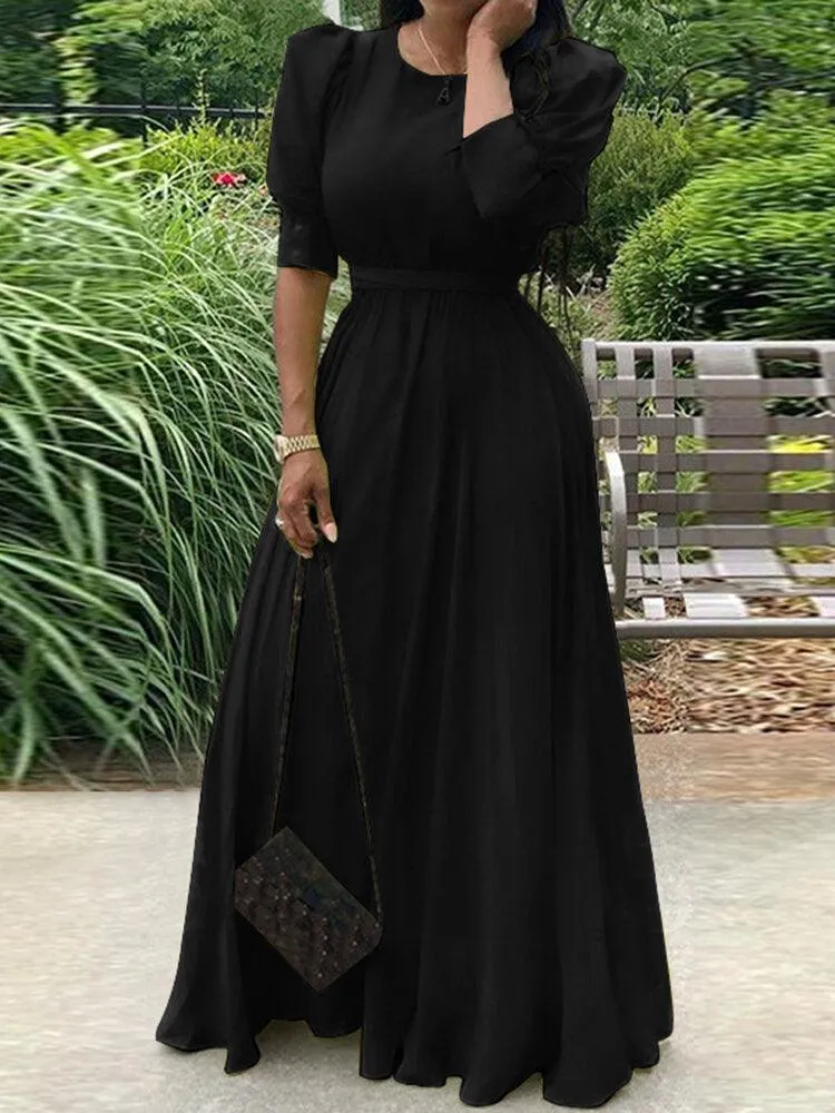 Solid Puff Sleeve Button Cuffs Ankle Length Retro Midi Dresses