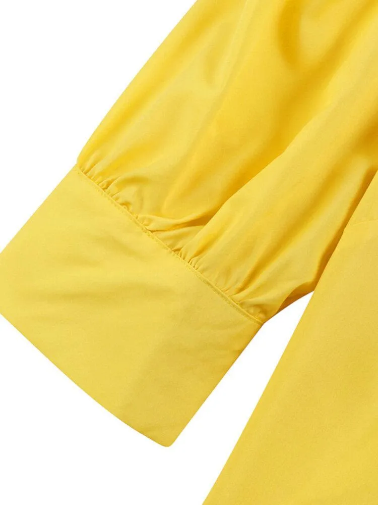 Solid Puff Sleeve Button Cuffs Ankle Length Retro Midi Dresses