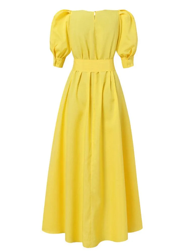 Solid Puff Sleeve Button Cuffs Ankle Length Retro Midi Dresses