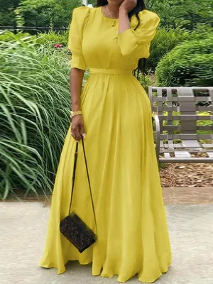 Solid Puff Sleeve Button Cuffs Ankle Length Retro Midi Dresses