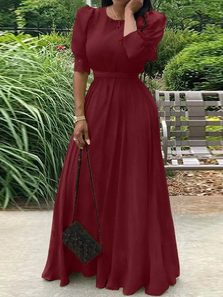 Solid Puff Sleeve Button Cuffs Ankle Length Retro Midi Dresses