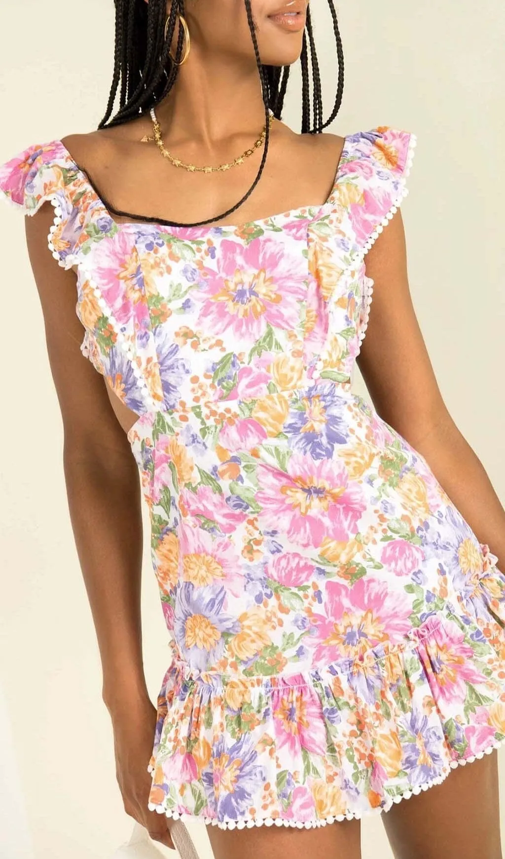 SQUARE NECK FLORAL RUFFLED MINI DRESS