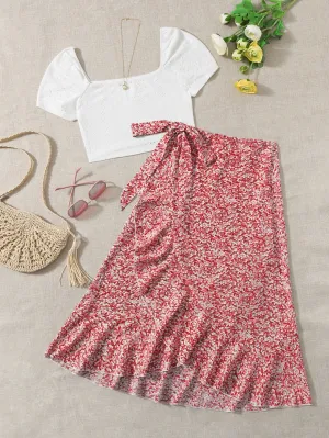 Square Neck Tee & Ditsy Floral Print Knot Side Ruffle Hem Skirt