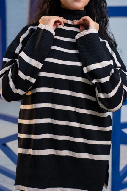 Striped High-Neck Loose Knit Pullover