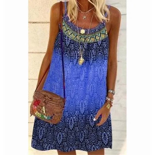 Summer Bohemian Dress Women Vintage Printed Spaghetti Strap Sundress Lady Casual Loose Sleeveless Mini Vestidos Beach Dress 2021