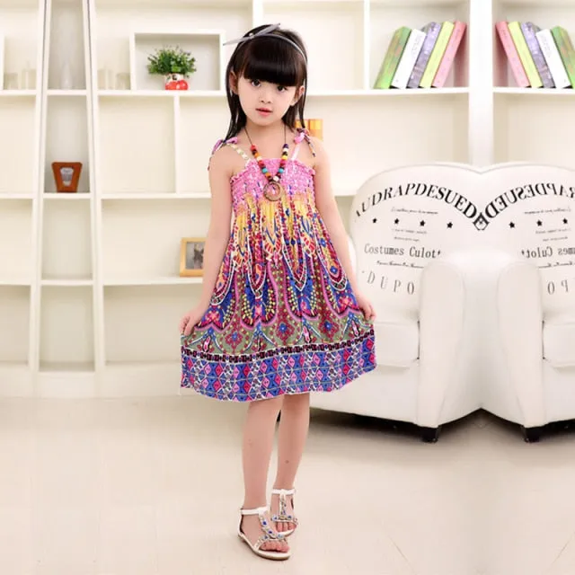 Summer Girls Floral Dress Sling Ruffles Bohemian Beach Princess Dresses for Girl Clothing
