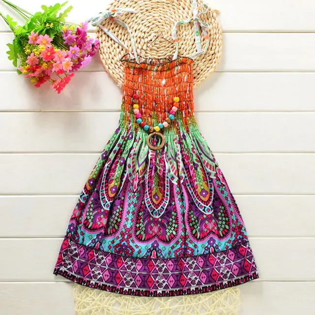 Summer Girls Floral Dress Sling Ruffles Bohemian Beach Princess Dresses for Girl Clothing