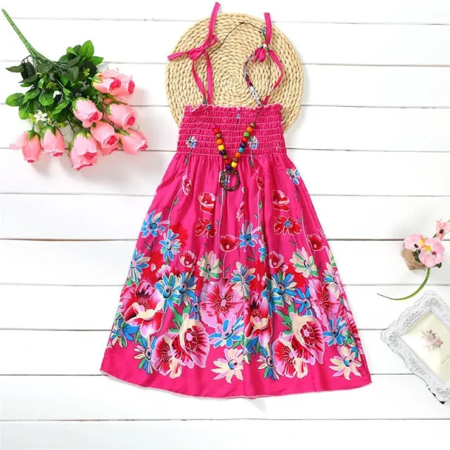 Summer Girls Floral Dress Sling Ruffles Bohemian Beach Princess Dresses for Girl Clothing