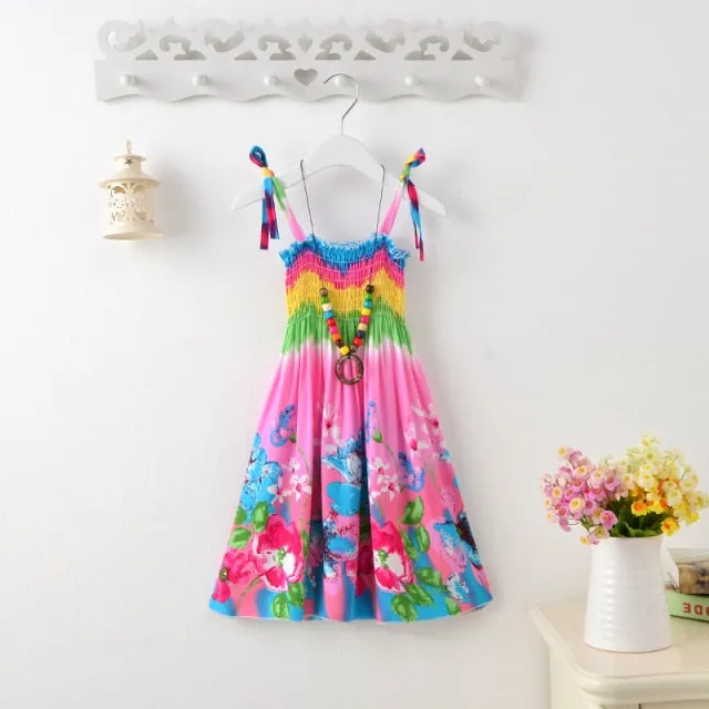 Summer Girls Floral Dress Sling Ruffles Bohemian Beach Princess Dresses for Girl Clothing
