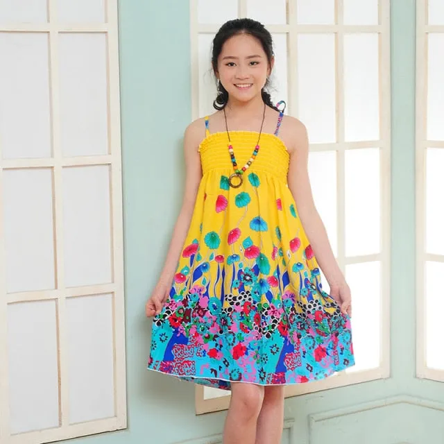 Summer Girls Floral Dress Sling Ruffles Bohemian Beach Princess Dresses for Girl Clothing
