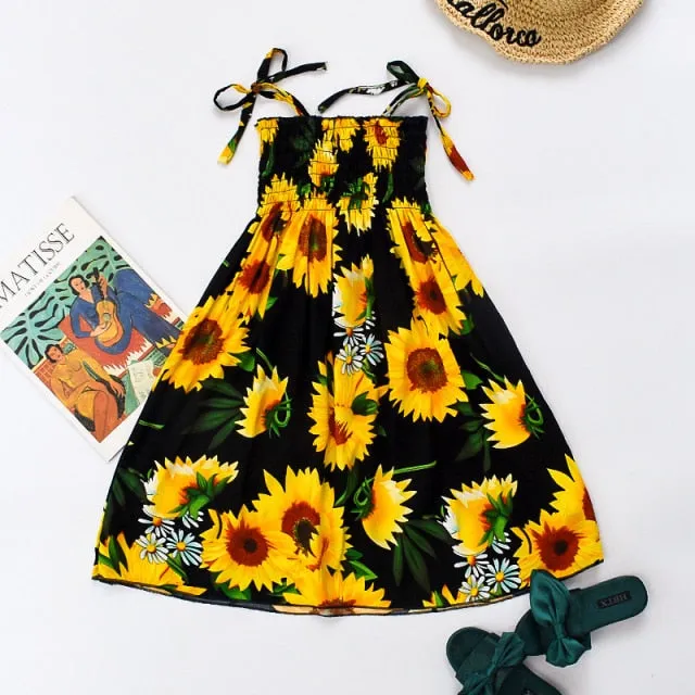 Summer Girls Floral Dress Sling Ruffles Bohemian Beach Princess Dresses for Girl Clothing