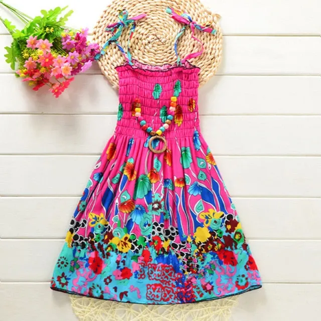 Summer Girls Floral Dress Sling Ruffles Bohemian Beach Princess Dresses for Girl Clothing