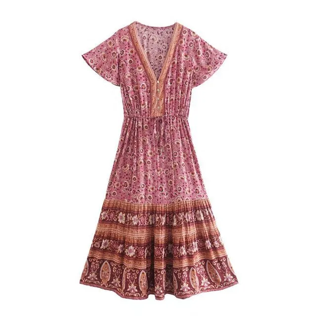 Summer Maxi Dresses Bohemian V Neck Beach Wear Print Short Sleeve Beachwear Loose Fit Long Dress