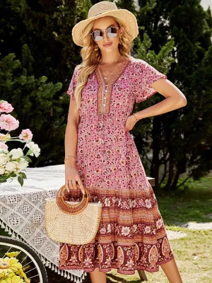 Summer Maxi Dresses Bohemian V Neck Beach Wear Print Short Sleeve Beachwear Loose Fit Long Dress