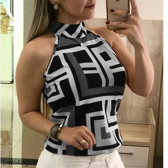 Summer Women's Sleeveless  Casual Shirt High Collar Hanging Neck Slim Commuter Shirt Five Colors Sizes S-XXL