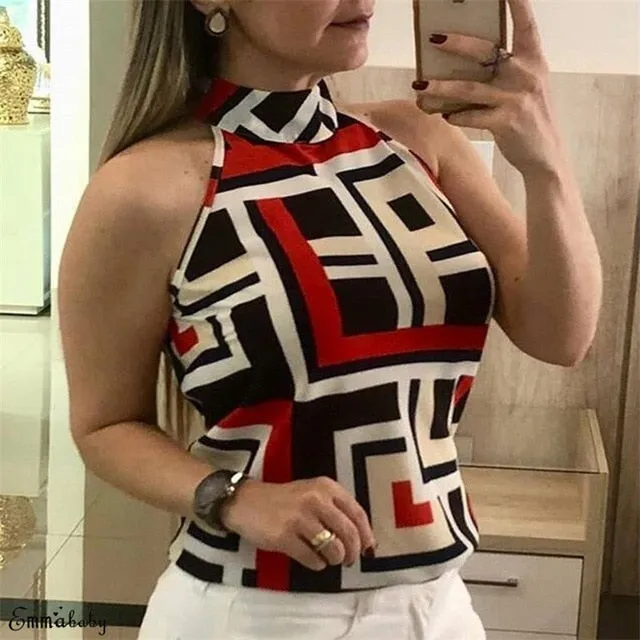 Summer Women's Sleeveless  Casual Shirt High Collar Hanging Neck Slim Commuter Shirt Five Colors Sizes S-XXL