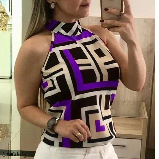 Summer Women's Sleeveless  Casual Shirt High Collar Hanging Neck Slim Commuter Shirt Five Colors Sizes S-XXL