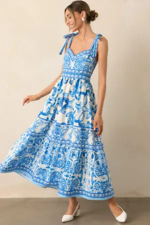 Sunny Disposition Blue Cotton Sicilian Tile Midi Dress