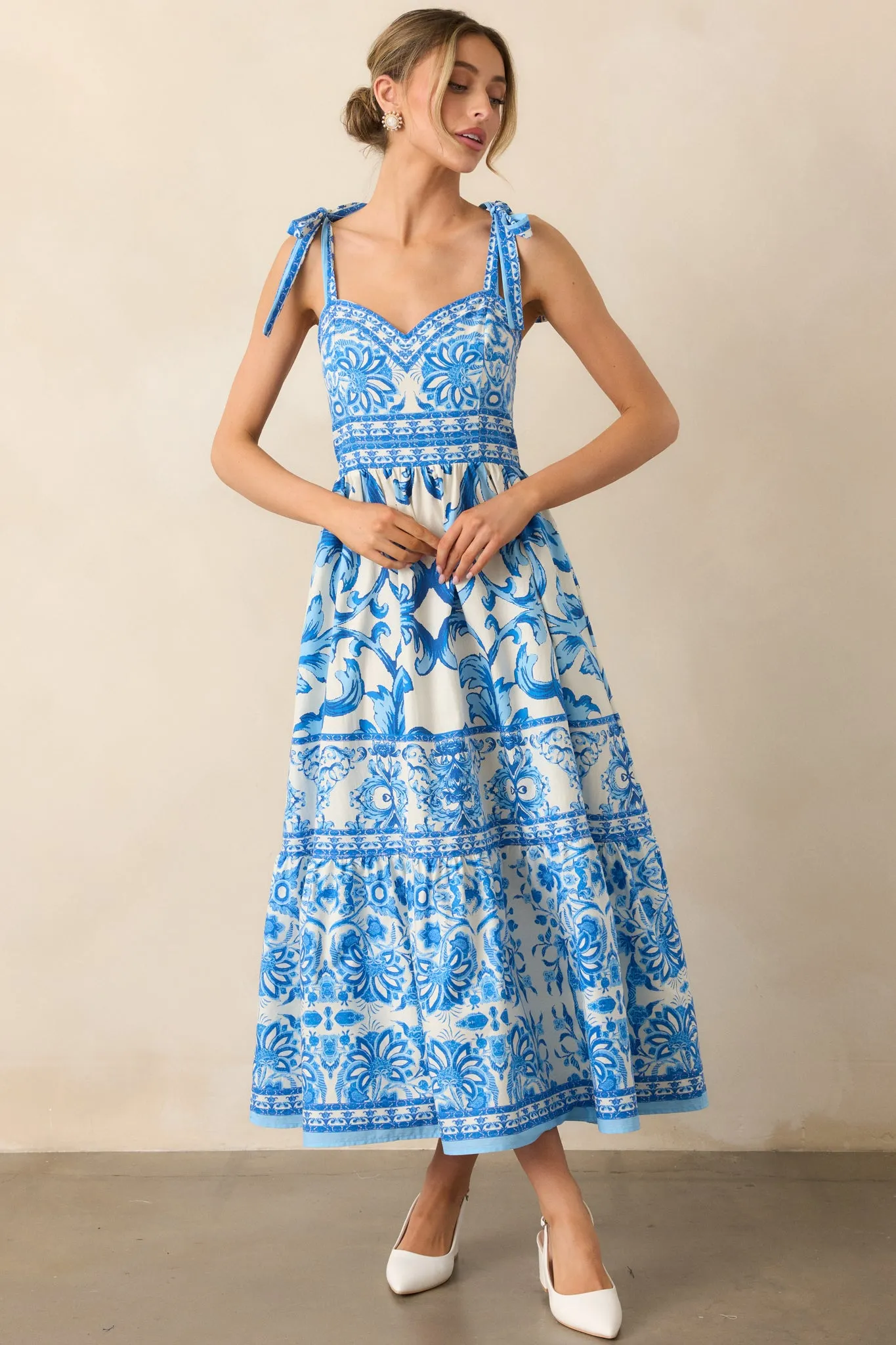 Sunny Disposition Blue Cotton Sicilian Tile Midi Dress