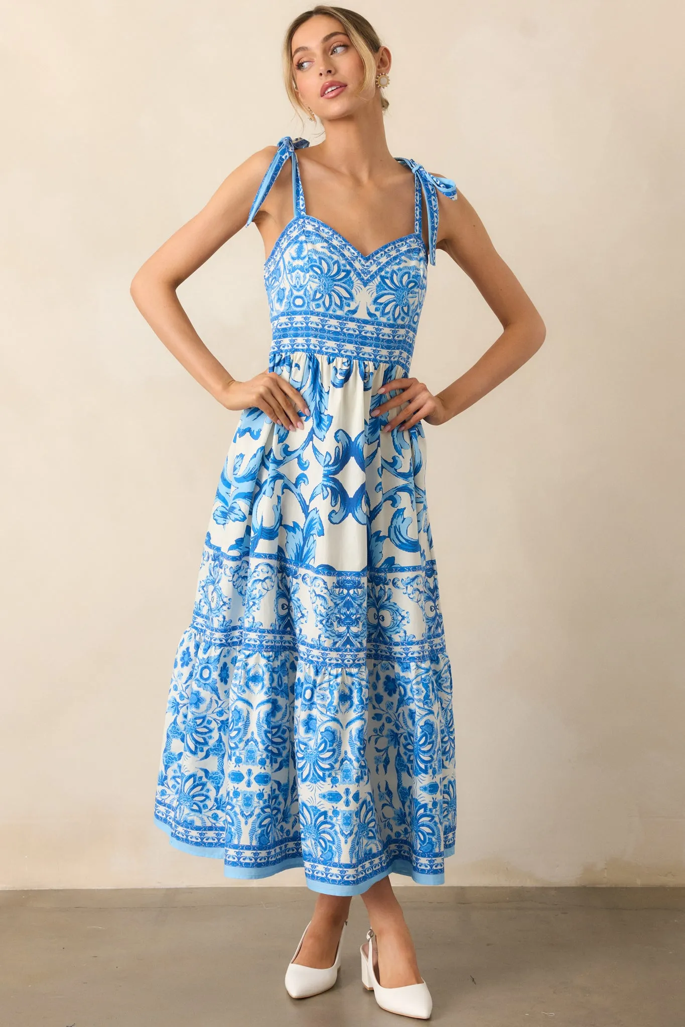 Sunny Disposition Blue Cotton Sicilian Tile Midi Dress