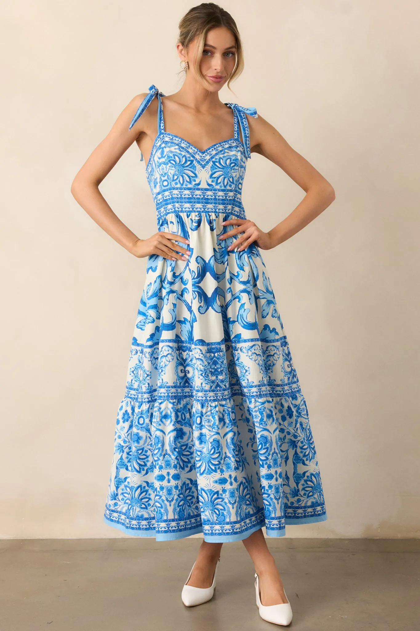 Sunny Disposition Blue Cotton Sicilian Tile Midi Dress