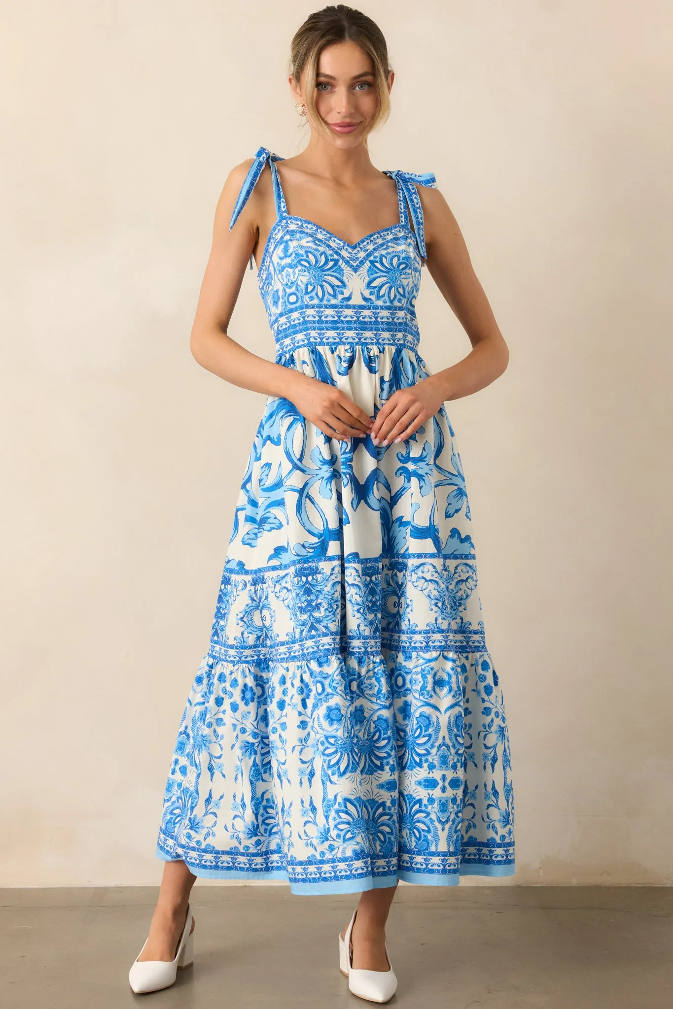 Sunny Disposition Blue Cotton Sicilian Tile Midi Dress