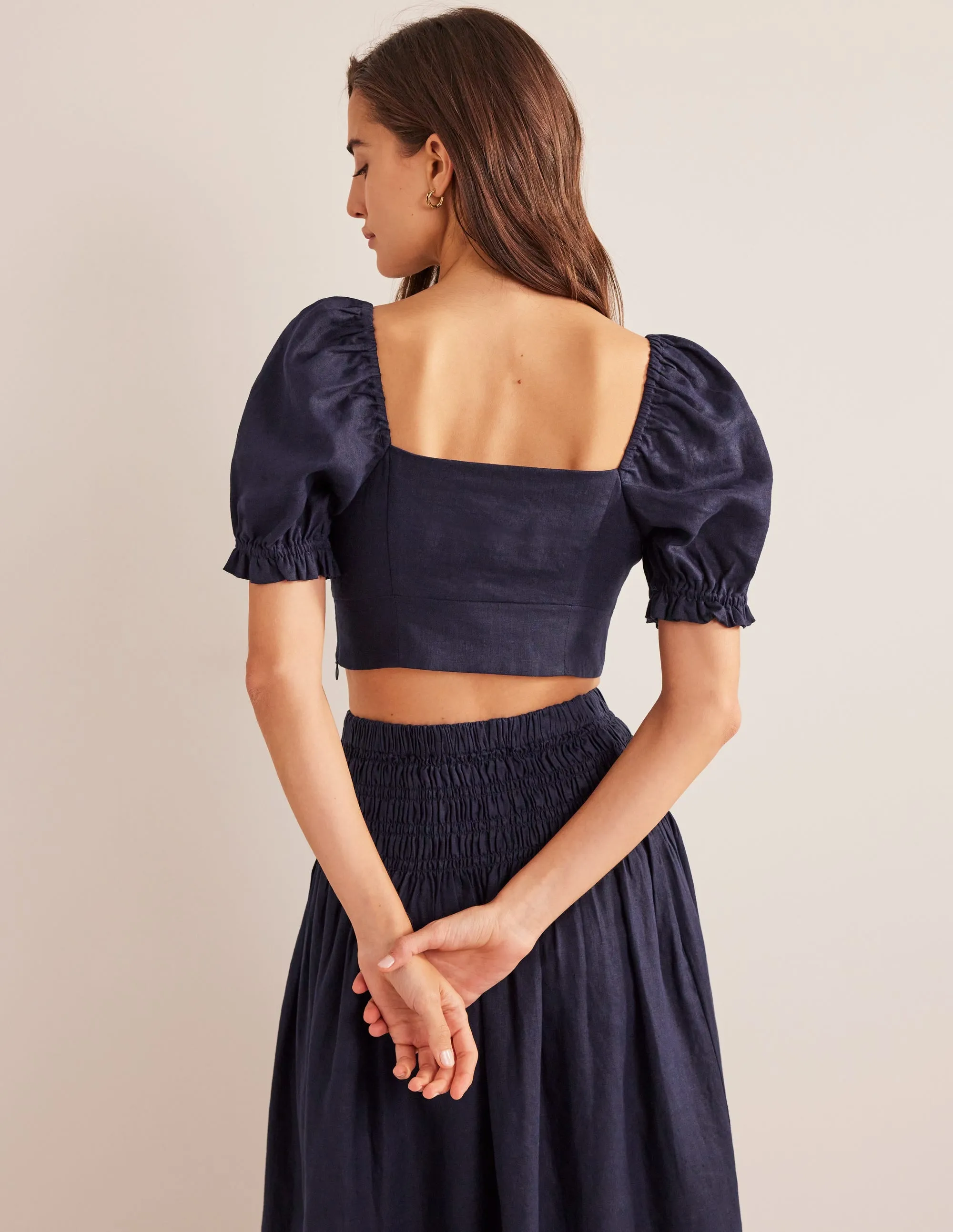 Sweetheart Linen Cropped Top-Navy